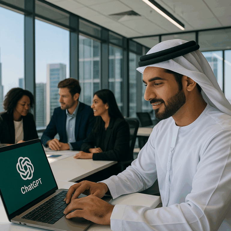 "UAE business professional using ChatGPT skills in modern Dubai office, Burj Khalifa visible through windows, multicultural team collaboration, high-tech workspace"