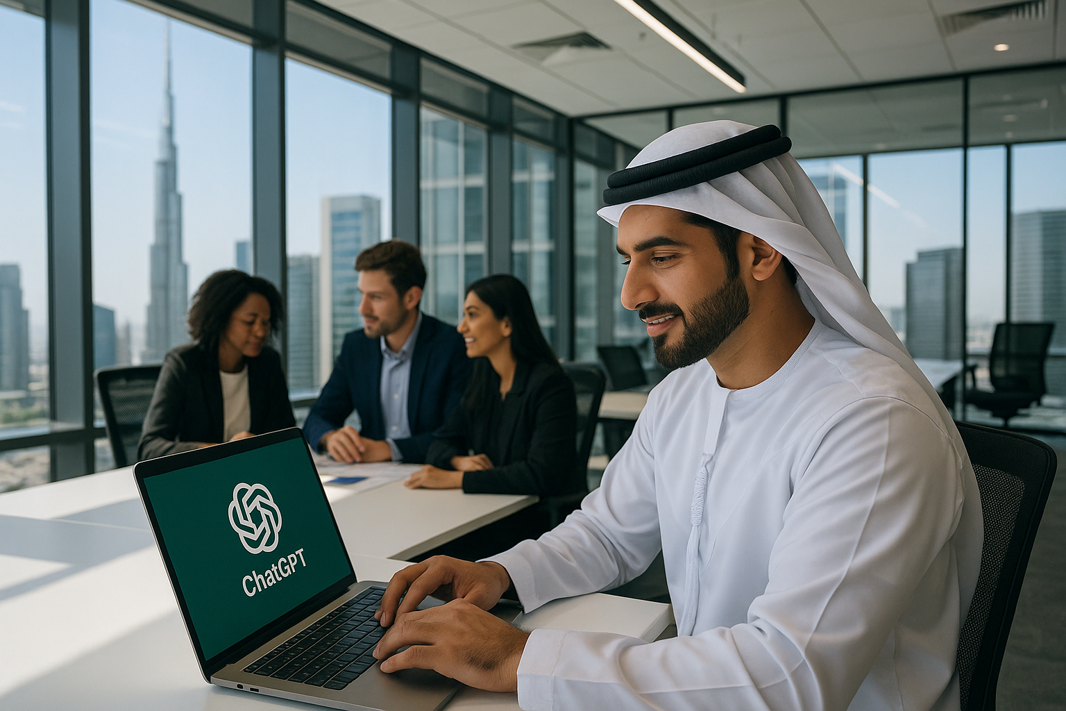 "UAE business professional using ChatGPT skills in modern Dubai office, Burj Khalifa visible through windows, multicultural team collaboration, high-tech workspace"