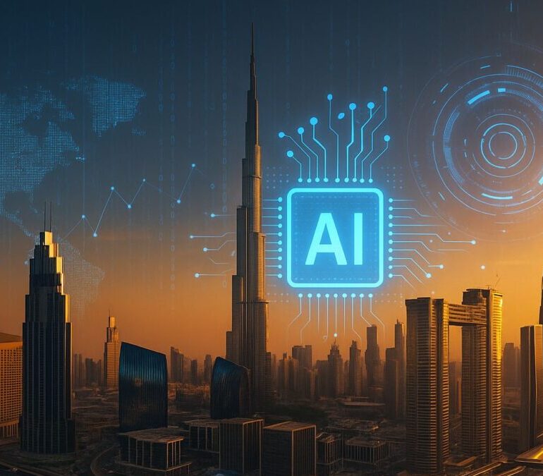 AI network and Dubai skyline representing AI recruitment trends in 2025