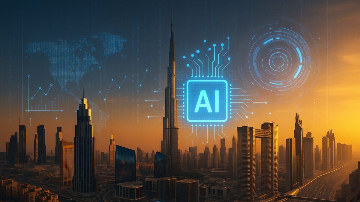 AI network and Dubai skyline representing AI recruitment trends in 2025